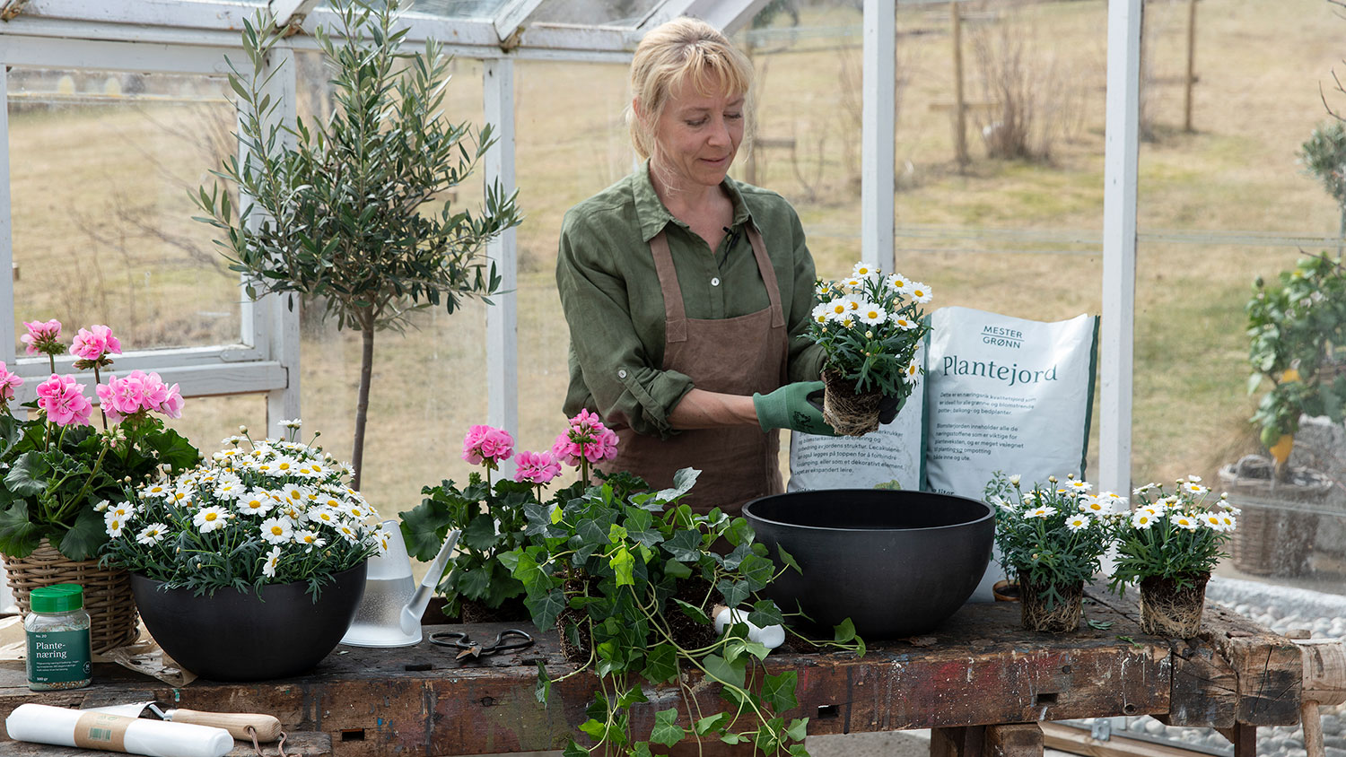 Interiør- og blomsterbilde med klikkbare elementer